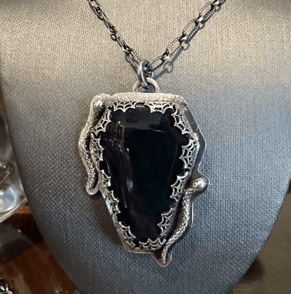 Gothic Victorian Handmade Obsidian Snakes Coffin Spiderweb Necklace - Loved To Death