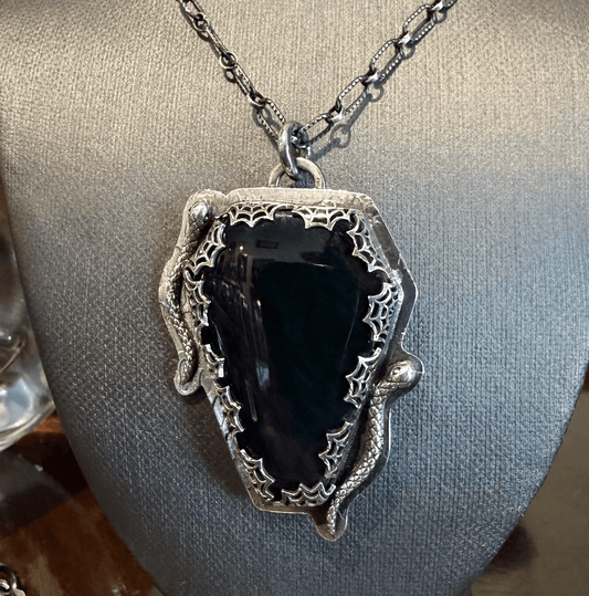 Gothic Victorian Handmade Obsidian Snakes Coffin Spiderweb Necklace - Loved To Death