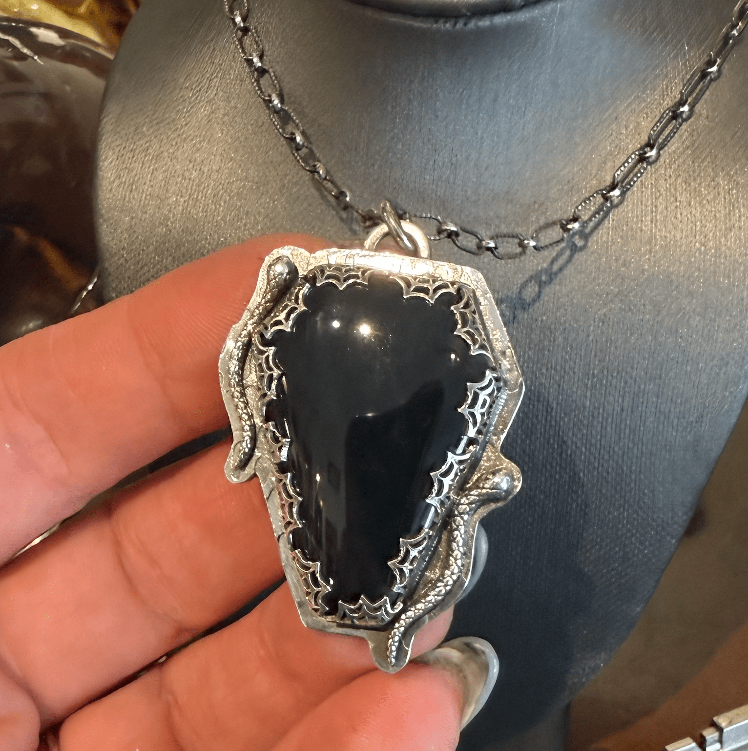 Gothic Victorian Handmade Obsidian Snakes Coffin Spiderweb Necklace - Loved To Death