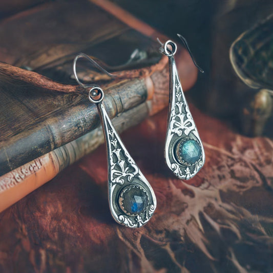 Gothic Victorian Handmade Sterling Labradorite Bow Earrings - Loved To Death