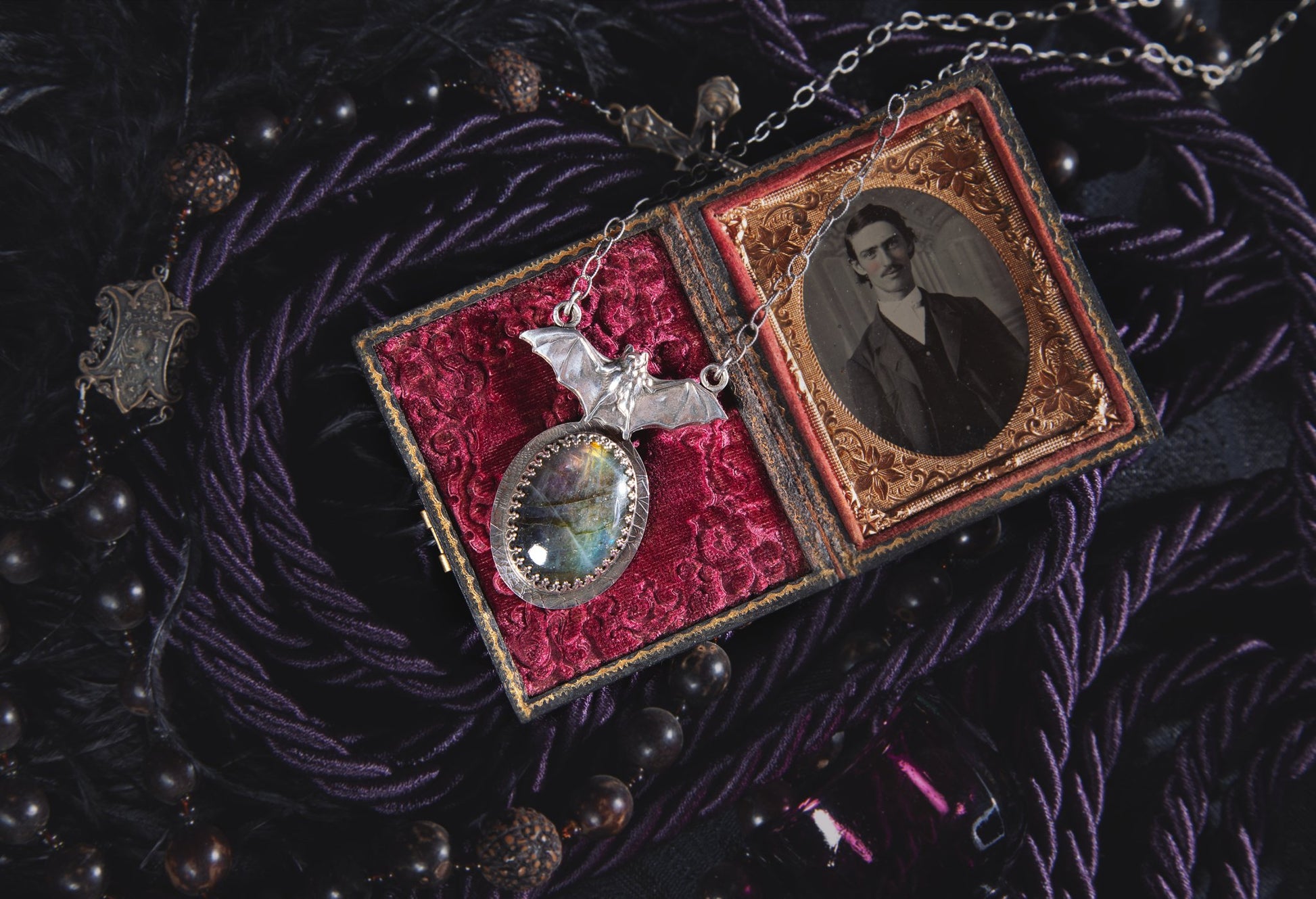 Gothic Victorian Vampire Bat Necklace Purple Labradorite Sterling Art Nouveau - Loved To Death