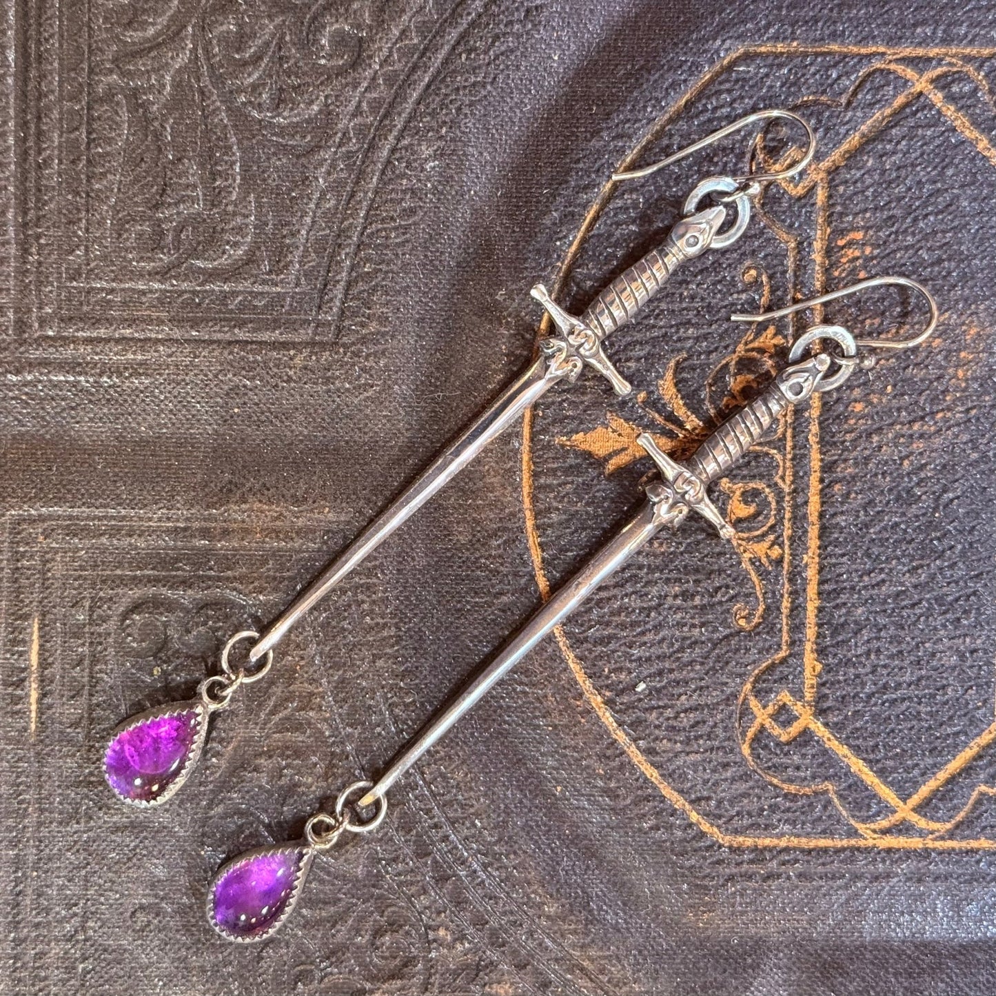 Handcrafted Sterling 1800s Sword Earrings with Garnet Blood Drop or Stone Options - Loved To Death