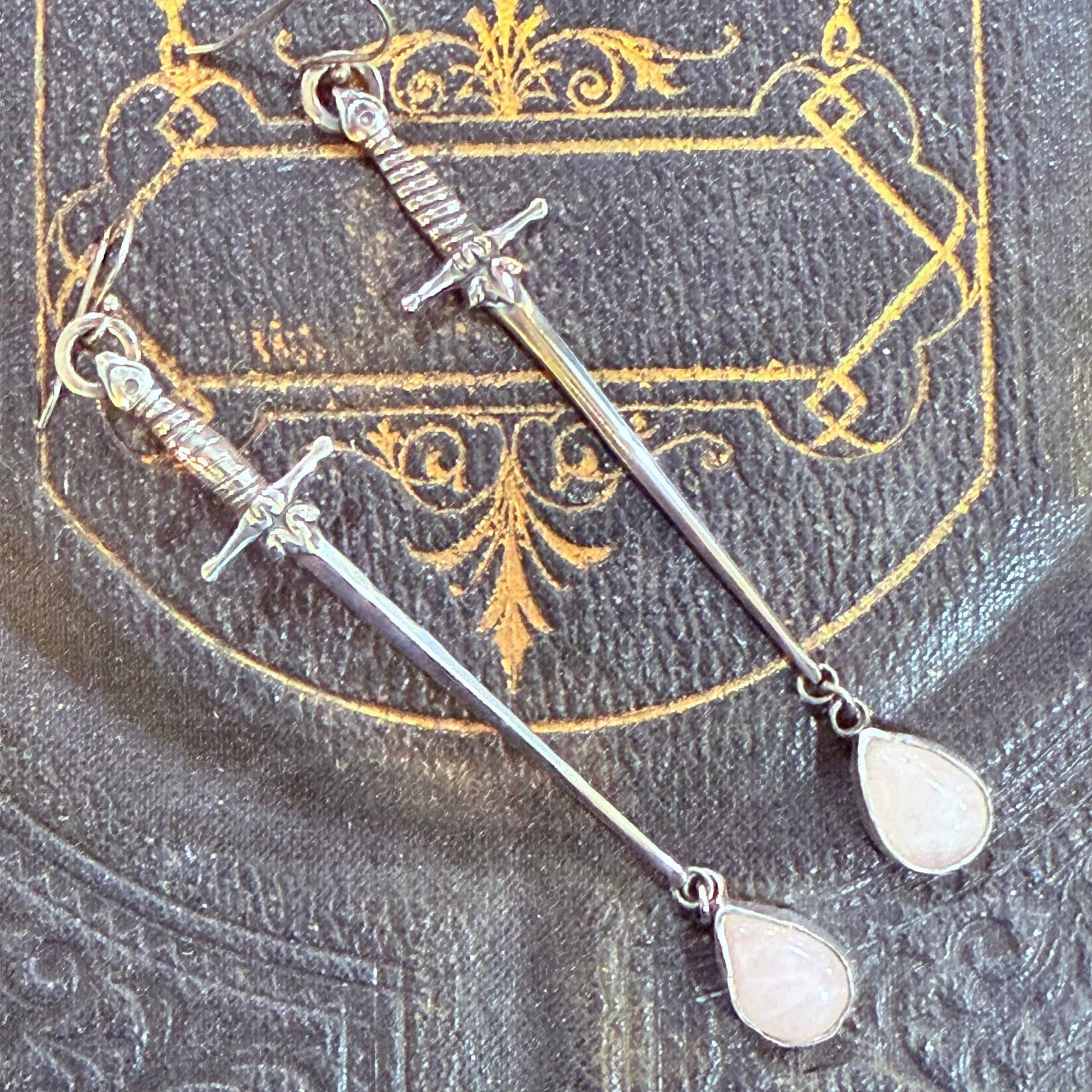 Handcrafted Sterling 1800s Sword Earrings with Garnet Blood Drop or Stone Options - Loved To Death