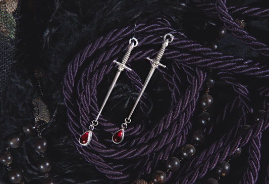 Handcrafted Sterling 1800s Sword Earrings with Garnet or Moonstone Blood Drop - Loved To Death