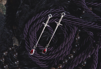 Handcrafted Sterling 1800s Sword Earrings with Garnet or Moonstone Blood Drop - Loved To Death