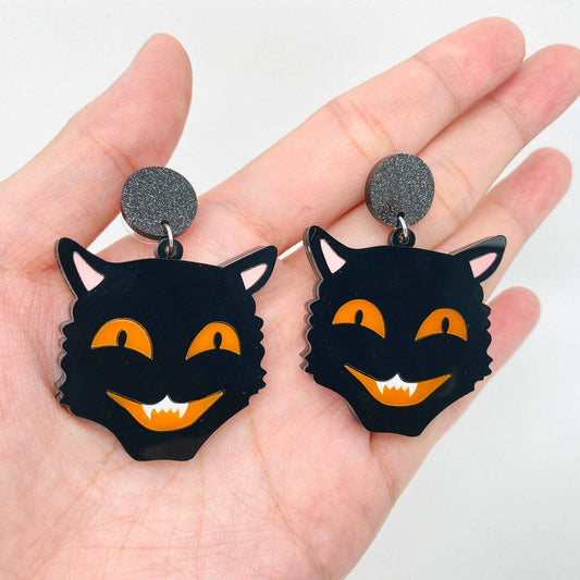 Horror Black Cat Acrylic Pendant Post Earrings - Loved To Death