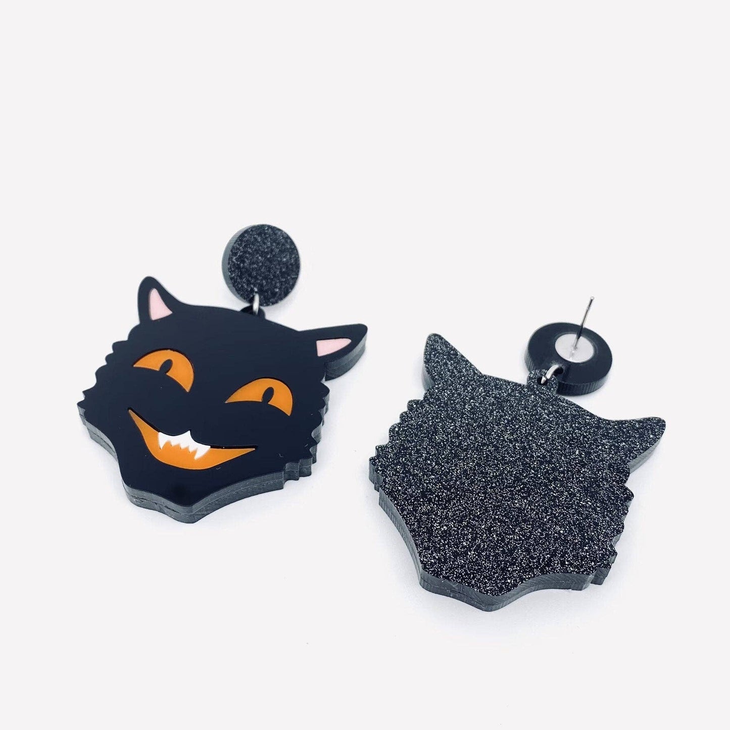Horror Black Cat Acrylic Pendant Post Earrings - Loved To Death