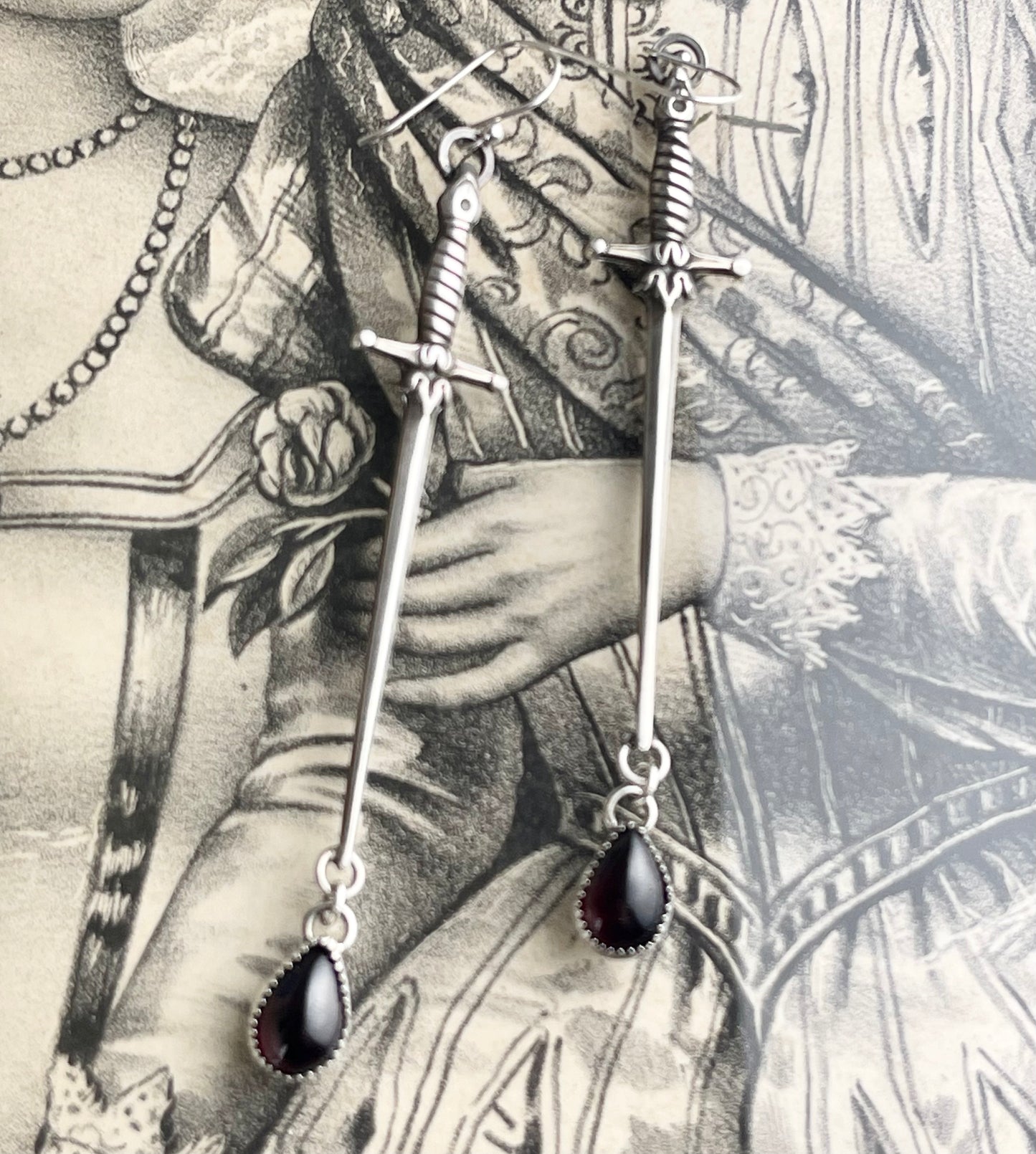 Handcrafted Sterling 1800s Sword Earrings with Garnet Blood Drop or Stone Options