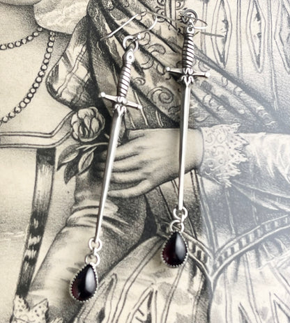 Handcrafted Sterling 1800s Sword Earrings with Garnet Blood Drop or Stone Options