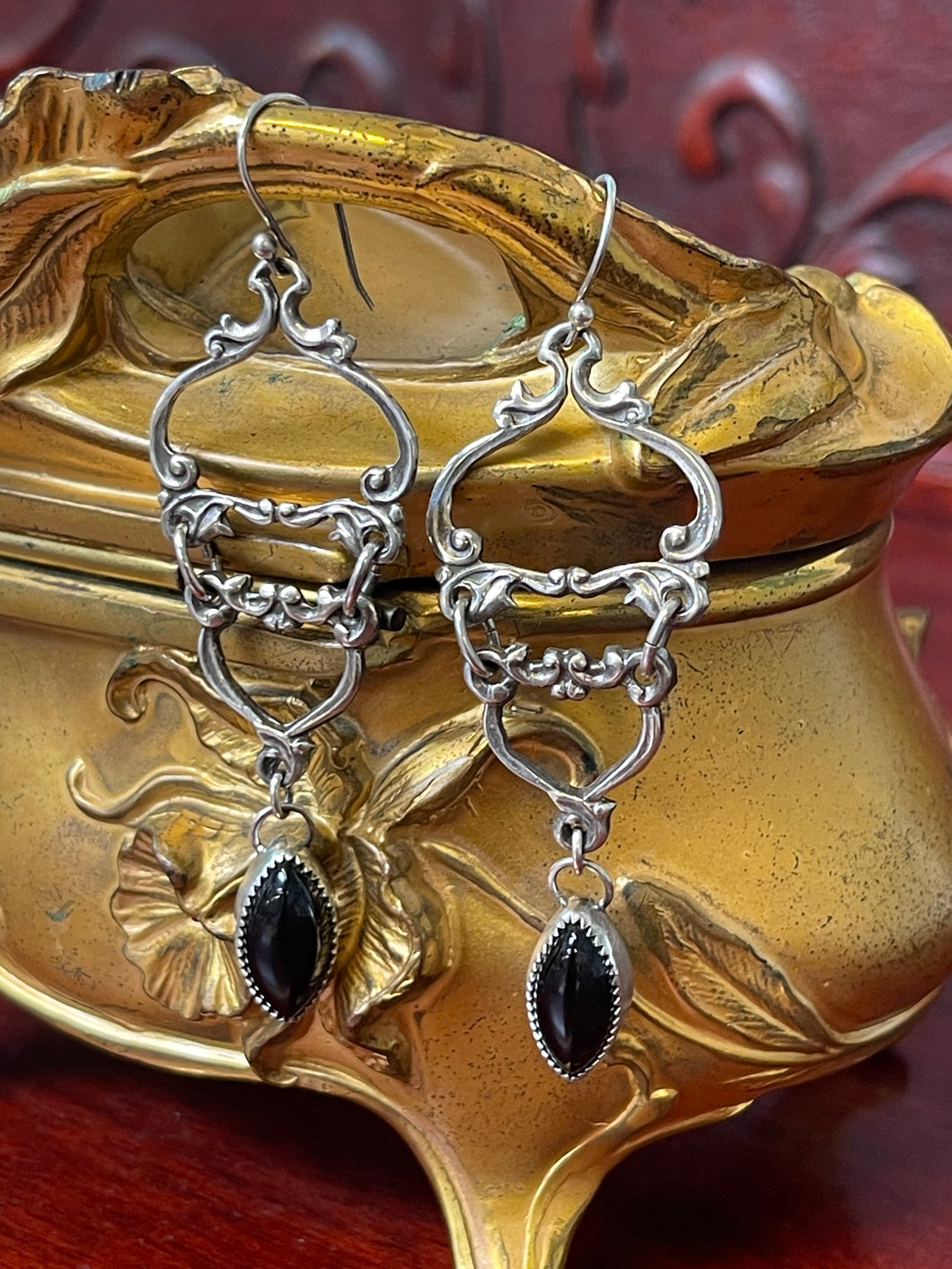 Gothic Victorian Floral Drop Onyx Earrings