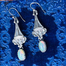 Load image into Gallery viewer, Filigree Dangle Opal Art Nouveau Earrings Sterling
