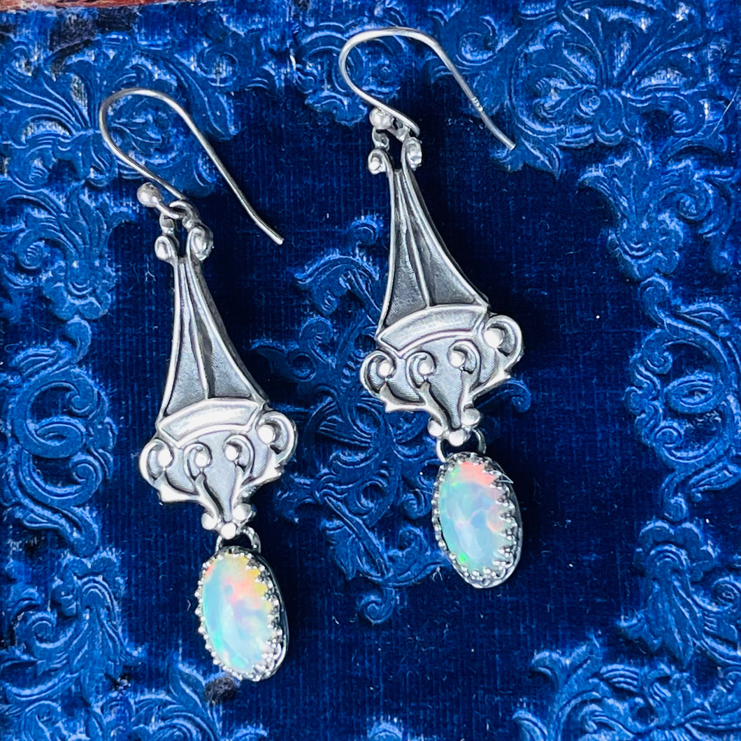 Filigree Dangle Opal Art Nouveau Earrings Sterling
