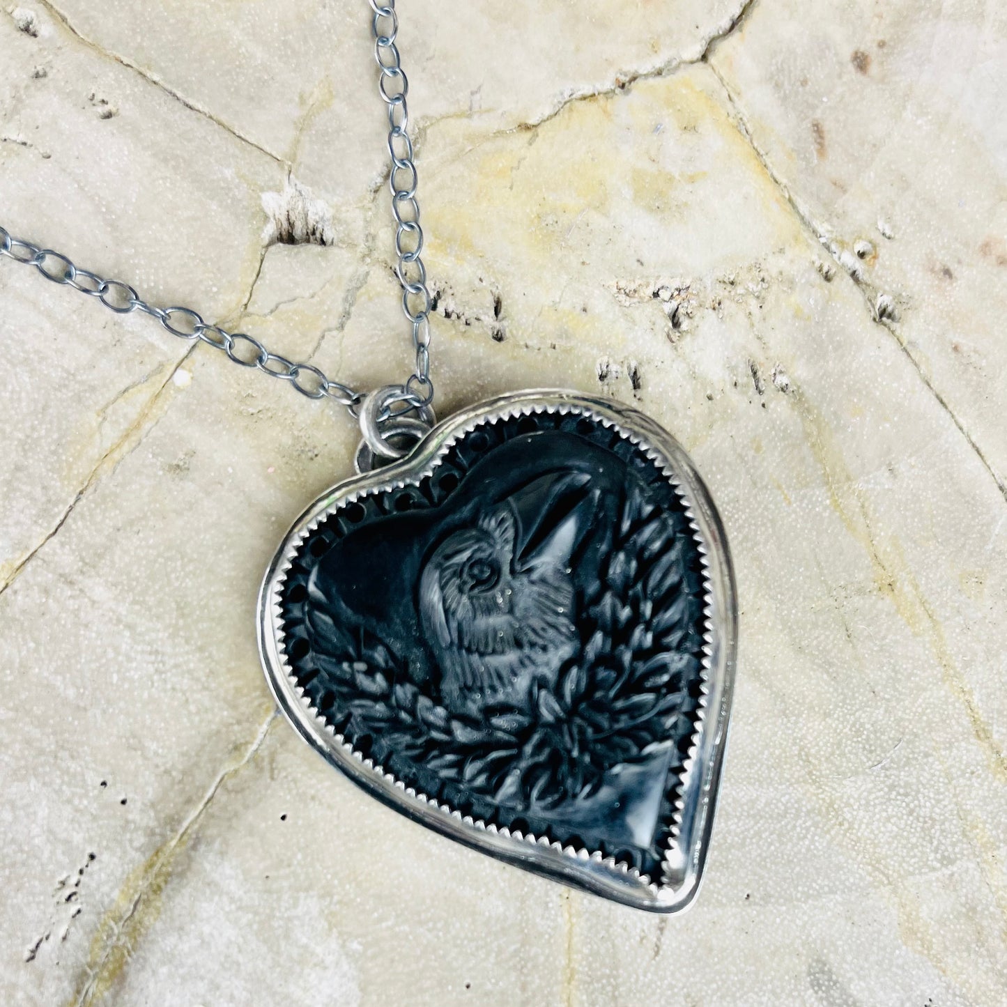 { Raven Heart } Sterling & Carved Horn Heart Necklace