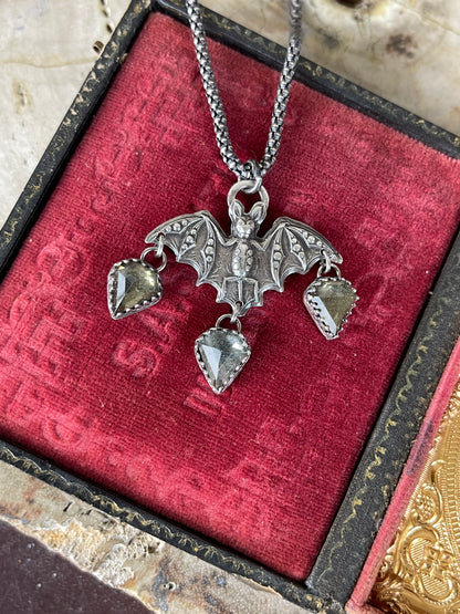 Gothic Victorian Bat Sterling Art Nouveau Necklace w/ Pyrite Trillions