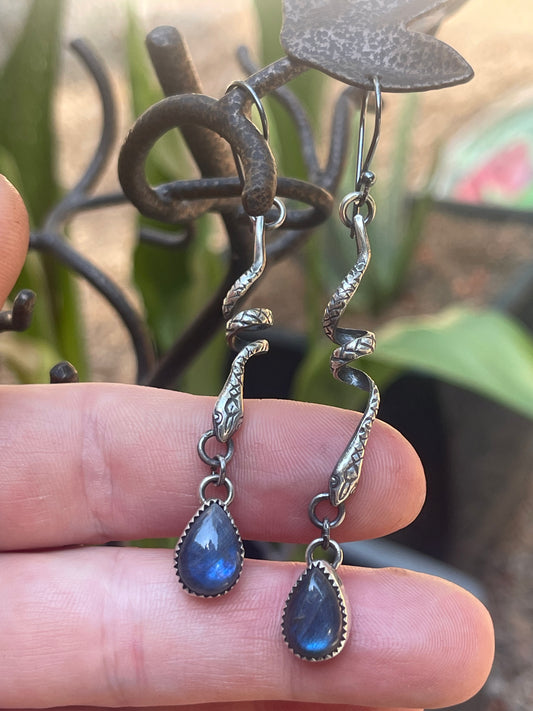 Sterling Coiled Snakes Stone Drop Earrings