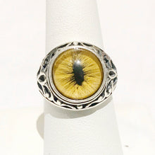 Load image into Gallery viewer, Victorian Inspired Sterling Filigree Yellow Feline Taxidermy Eye Ring
