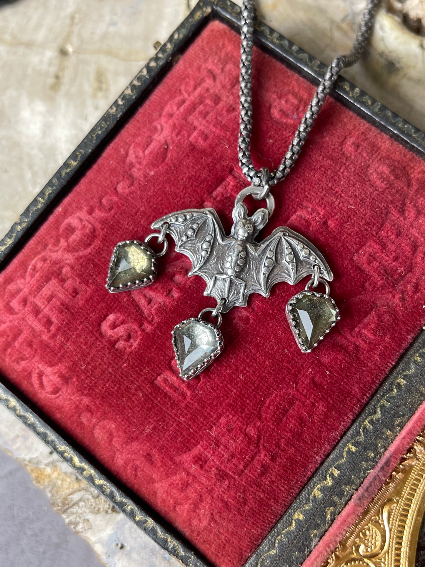 Gothic Victorian Bat Sterling Art Nouveau Necklace w/ Pyrite Trillions