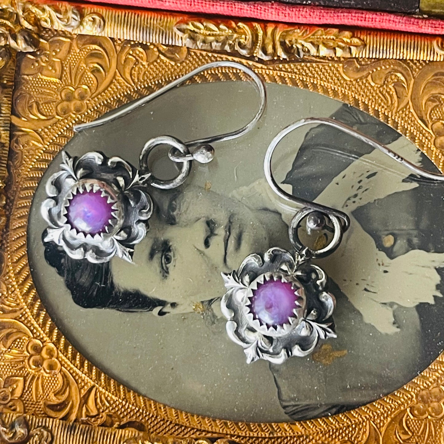 Sterling Victorian Drop Ruby Earrings
