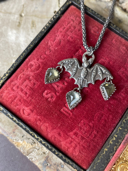Gothic Victorian Bat Sterling Art Nouveau Necklace w/ Pyrite Trillions