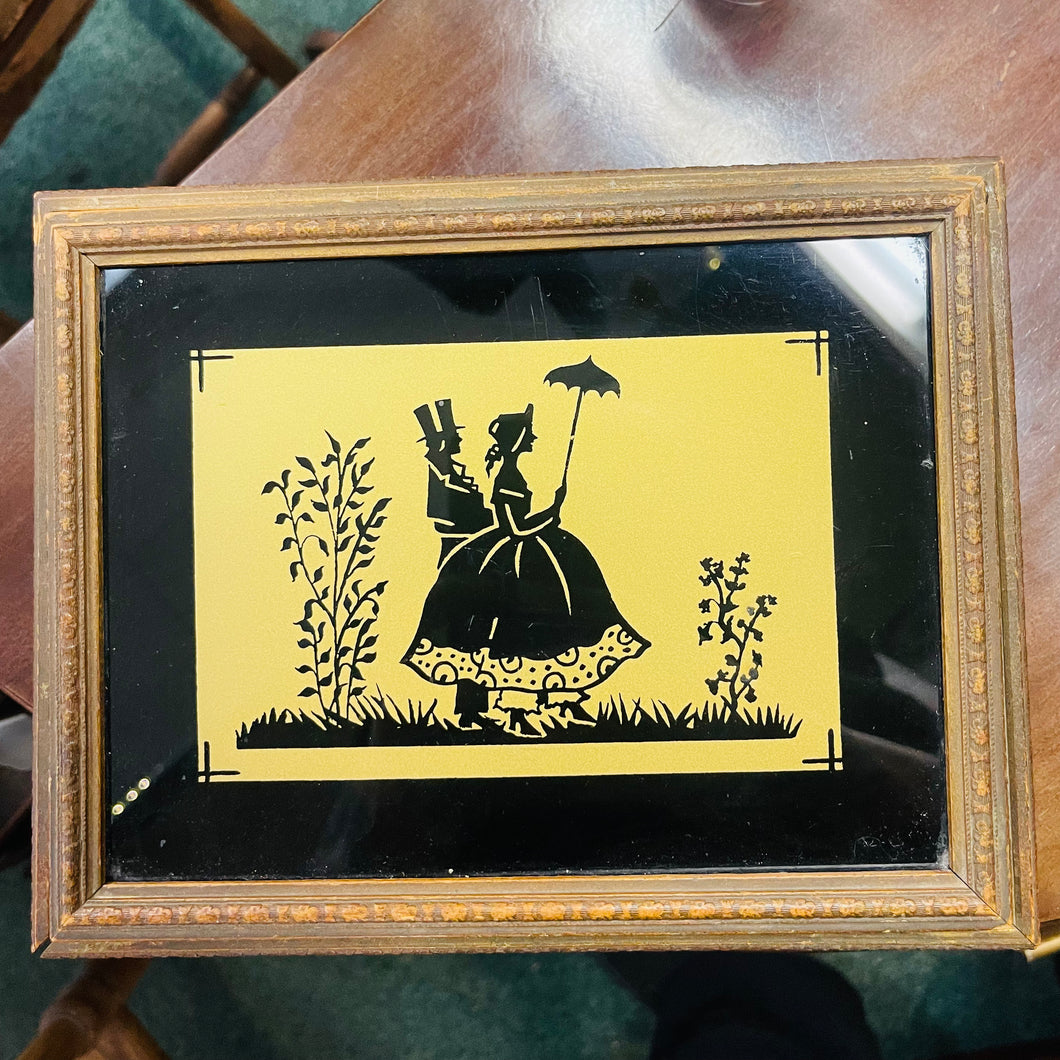 Antique Victorian Silhouette Scene Gold & Black Jewelry Box