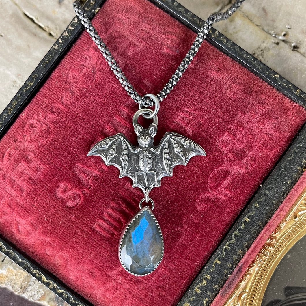 Gothic Victorian Vampire Bat Necklace w/ Labradorite Art Nouveau Sterling