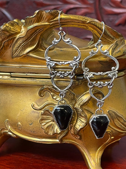 Gothic Victorian Floral Drop Onyx Coffin Earrings