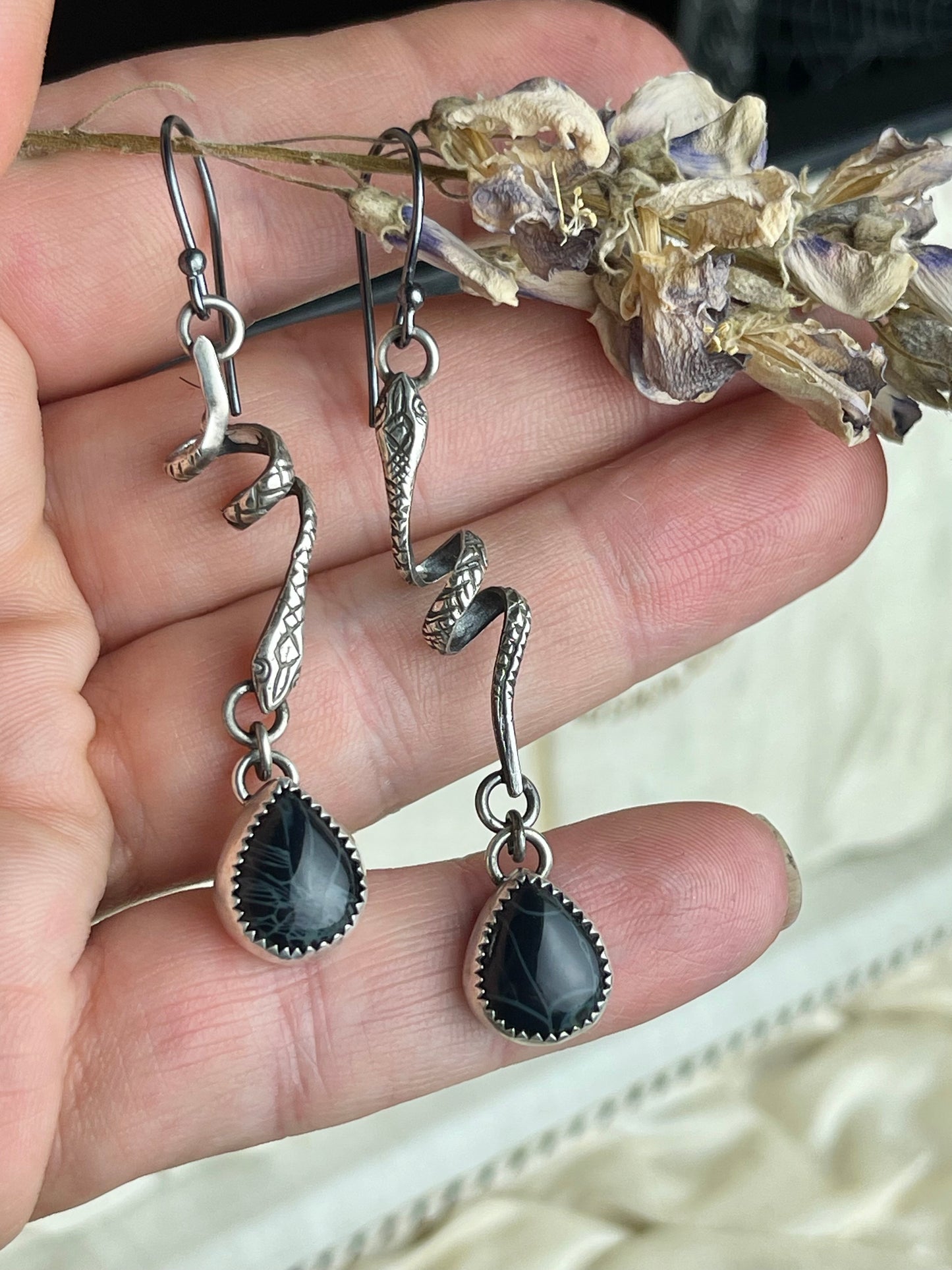 Sterling Coiled Snakes Stone Drop Earrings
