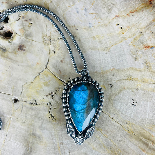 Gothic Victorian Vampire Bat Labradorite Sterling Handmade Necklace