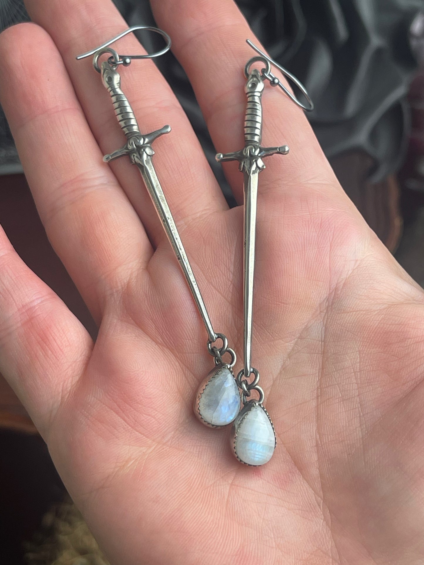Handcrafted Sterling 1800s Sword Earrings with Garnet Blood Drop or Stone Options