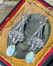 Load image into Gallery viewer, Filigree Dangle Opal Art Nouveau Earrings Sterling
