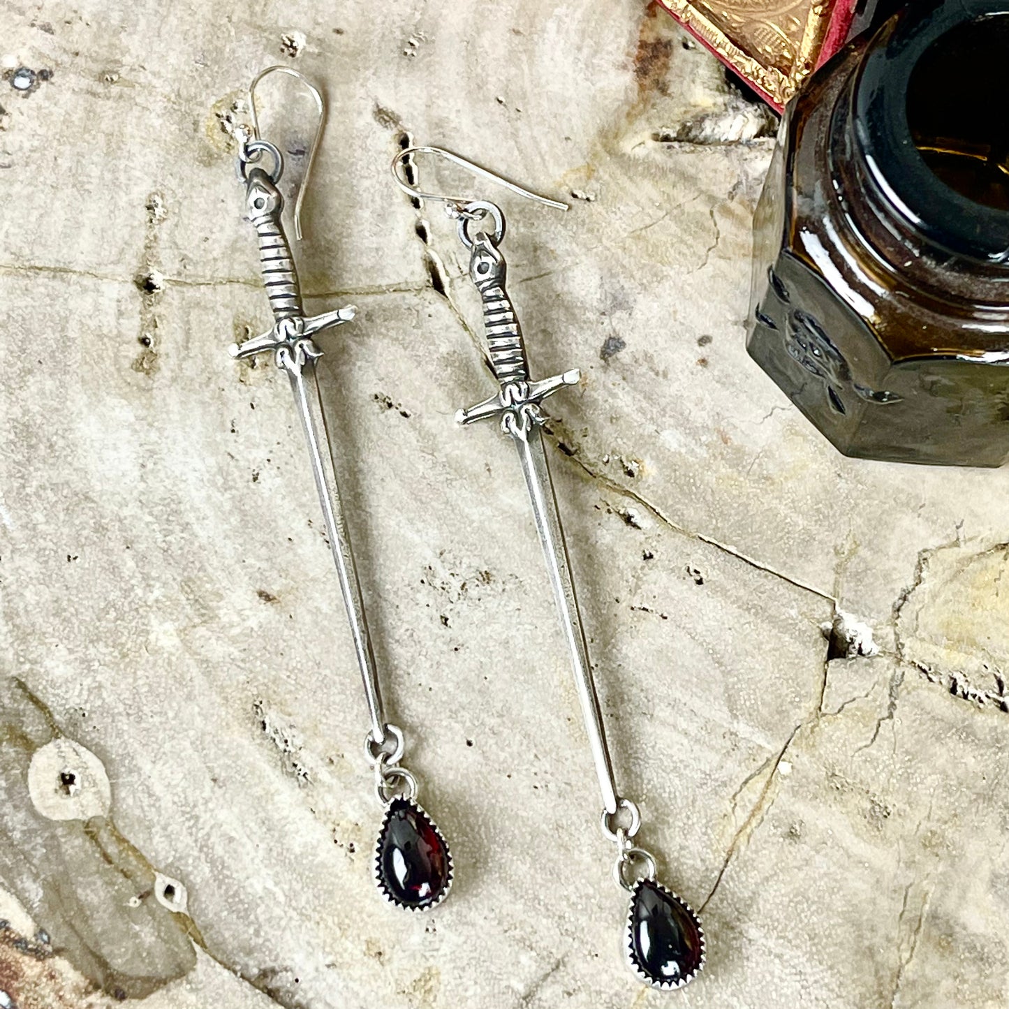 Handcrafted Sterling 1800s Sword Earrings with Garnet or Moonstone Blood Drop