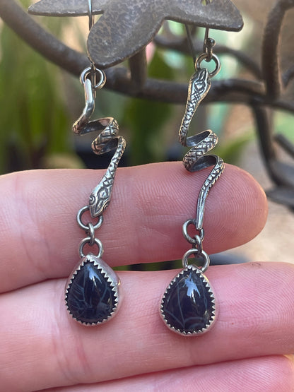 Sterling Coiled Snakes Stone Drop Earrings