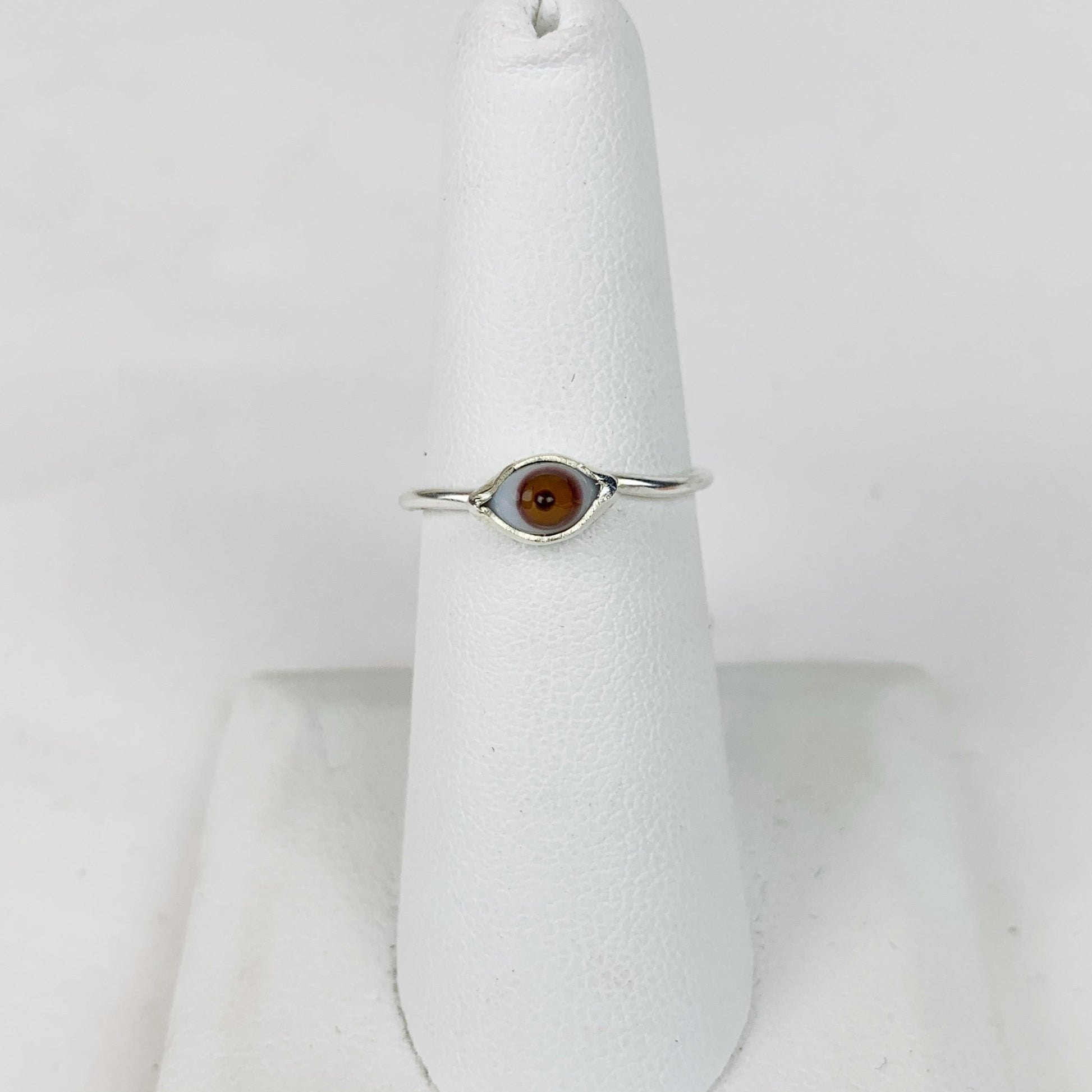 Mini Glass Eye Silver Plate Brass Ring Brown - Loved To Death