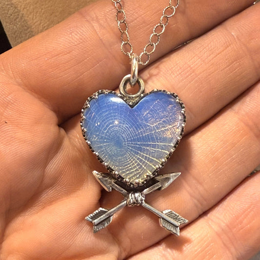 Opaline Spiderweb Heart Crossed Arrows Handmade Sterling Necklace - Loved To Death