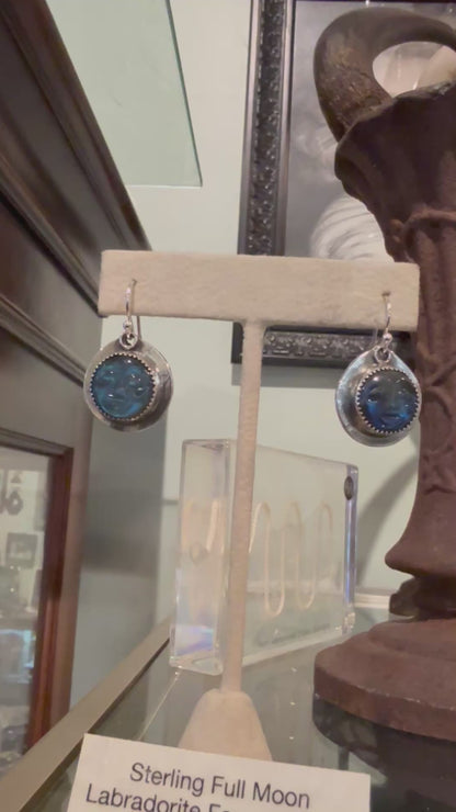 Sterling Labradorite Carved Moon Face Earrings