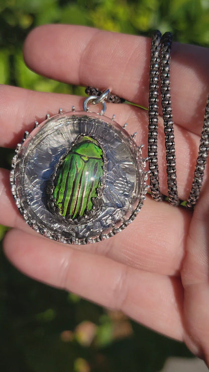 Victorian Thistle Dome Green Gold Scarab Beetle Sterling Necklace