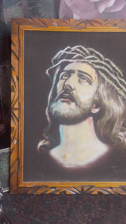 Antique Black Velvet Jesus Painting