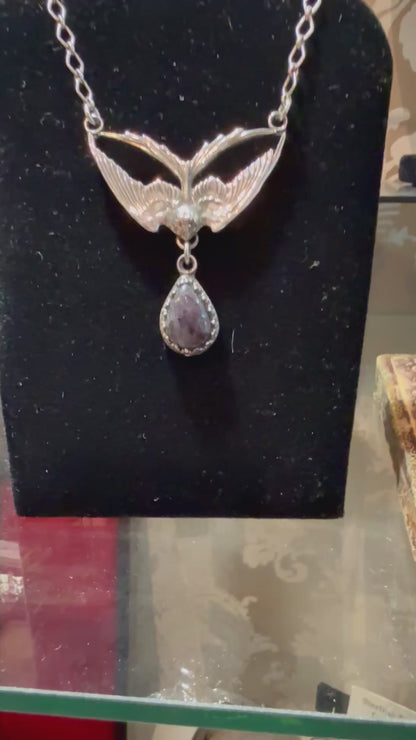 Sterling Victorian Swallow Iolite Drop Necklace