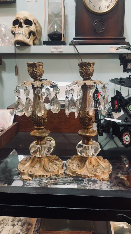 Antique Gold & Crystal Candelabra Set