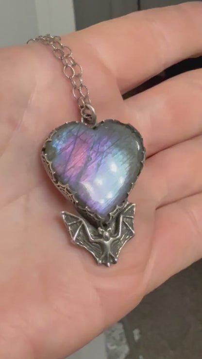 Purple Labradorite Spiderweb Heart Bat Handmade Sterling Necklace