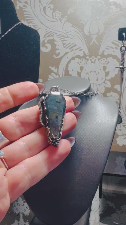 Sterling Silver Serpent and Spider Labradorite Coffin  Necklace Gothic Victorian Handmade
