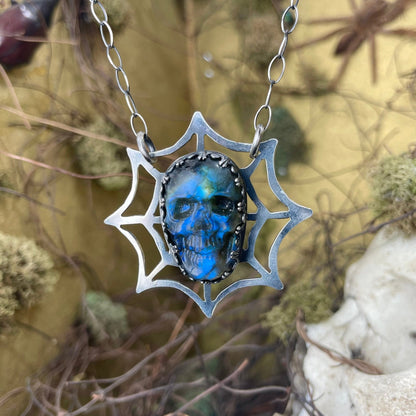 SAMPLE SALE Widow’s Web Labradorite Skull Sterling Necklace - Loved To Death