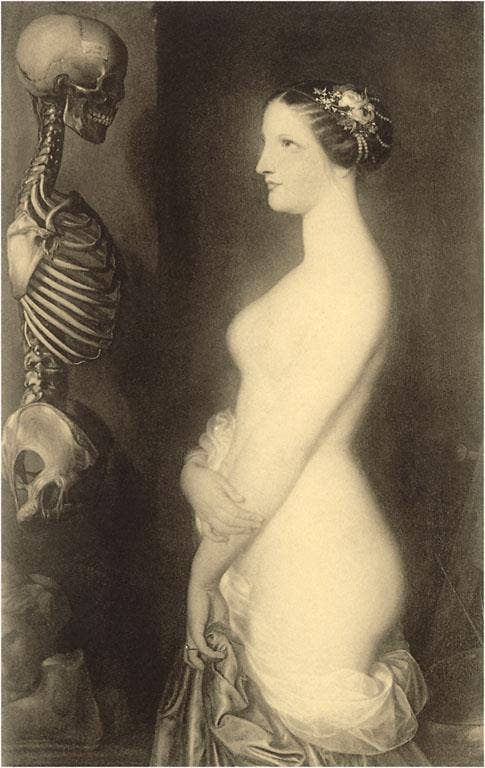 Semi - nude Woman Looking at Skeleton - Loved To Death