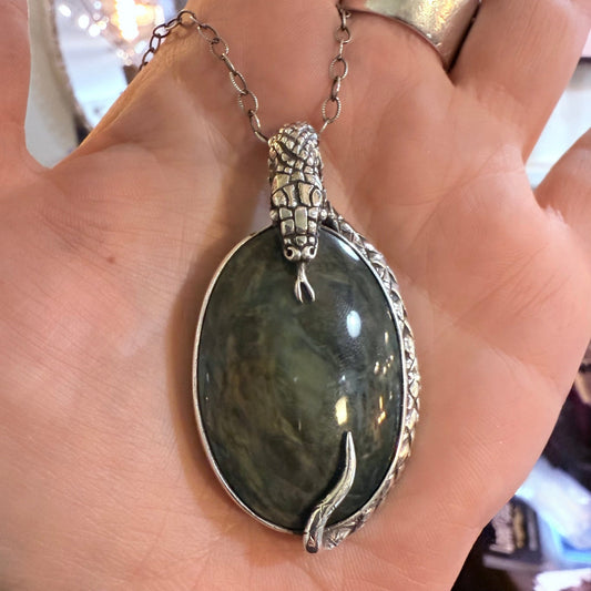 Serpent Snake Velvet Obsidian Sterling Necklace - Loved To Death
