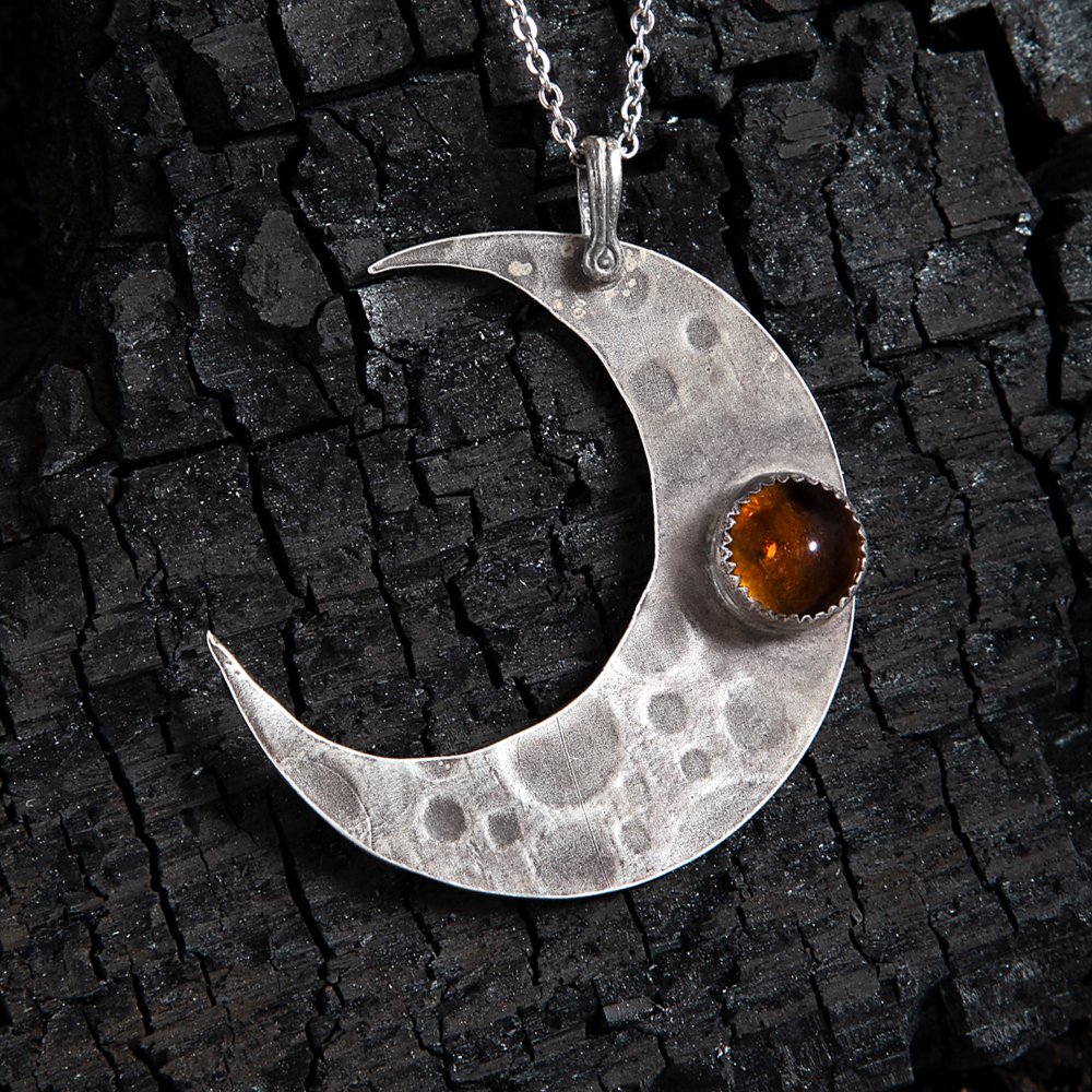 Smoky Quartz Crescent Moon Sterling Amulet Necklace - Loved To Death