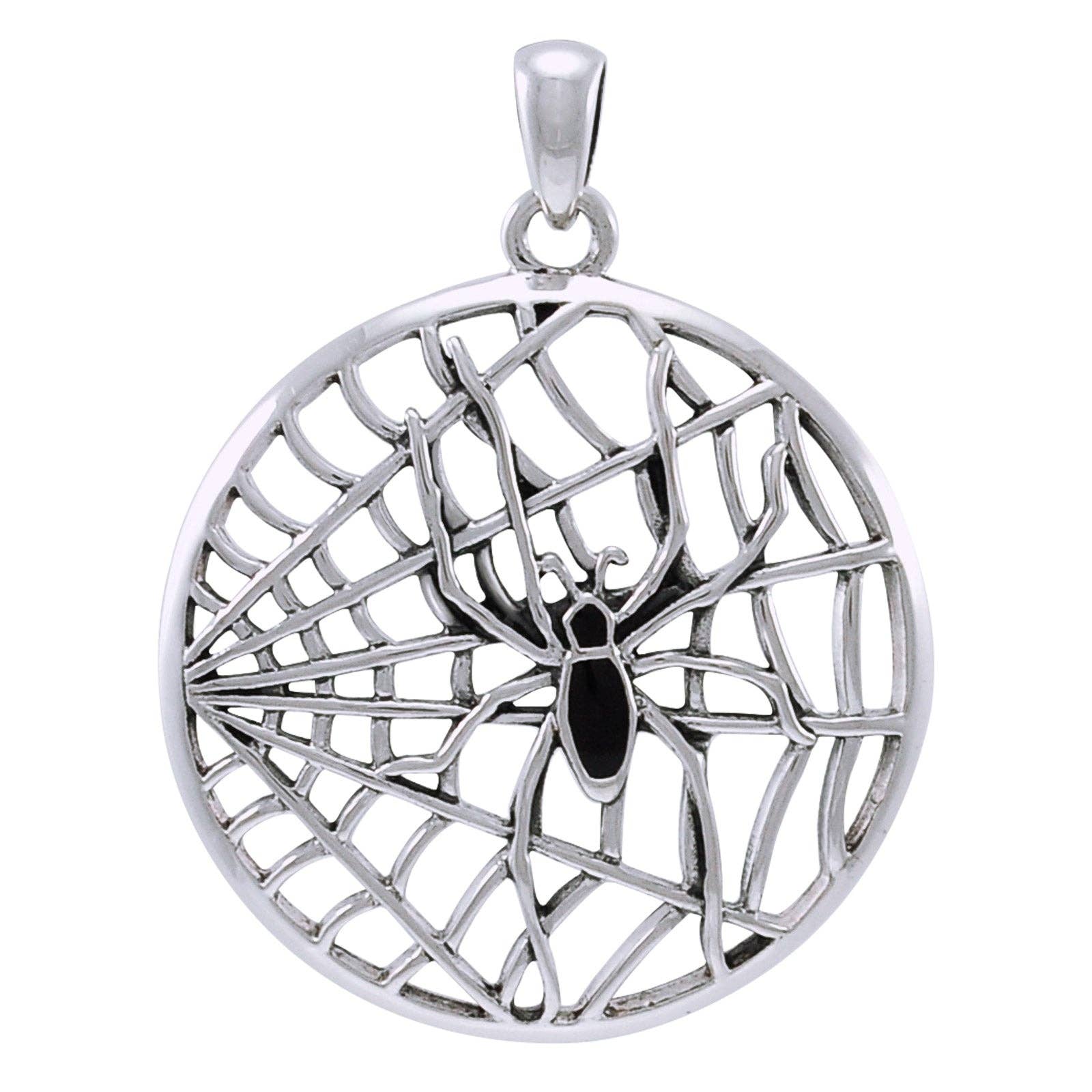 Spiderweb with Black Spider Large Round Sterling Silver Necklace - Loved To Death