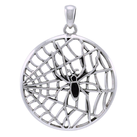 Spiderweb with Black Spider Large Round Sterling Silver Necklace - Loved To Death