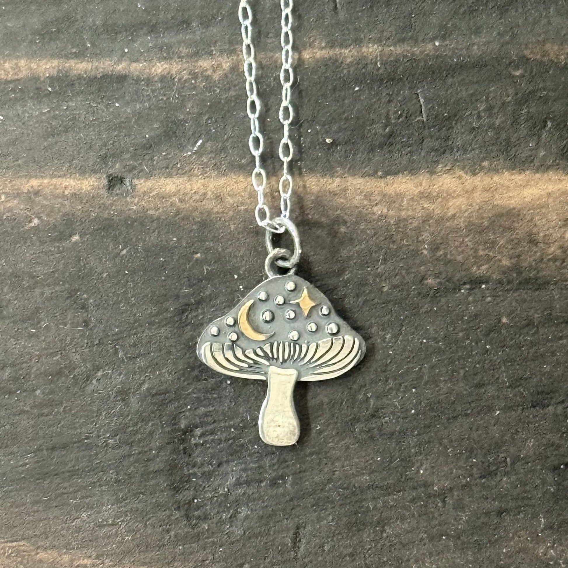 Sterling Amanita Mushroom Gold Moon & Star Necklace - Loved To Death