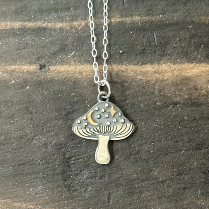 Sterling Amanita Mushroom Gold Moon & Star Necklace - Loved To Death