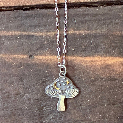 Sterling Amanita Mushroom Gold Moon & Star Necklace - Loved To Death